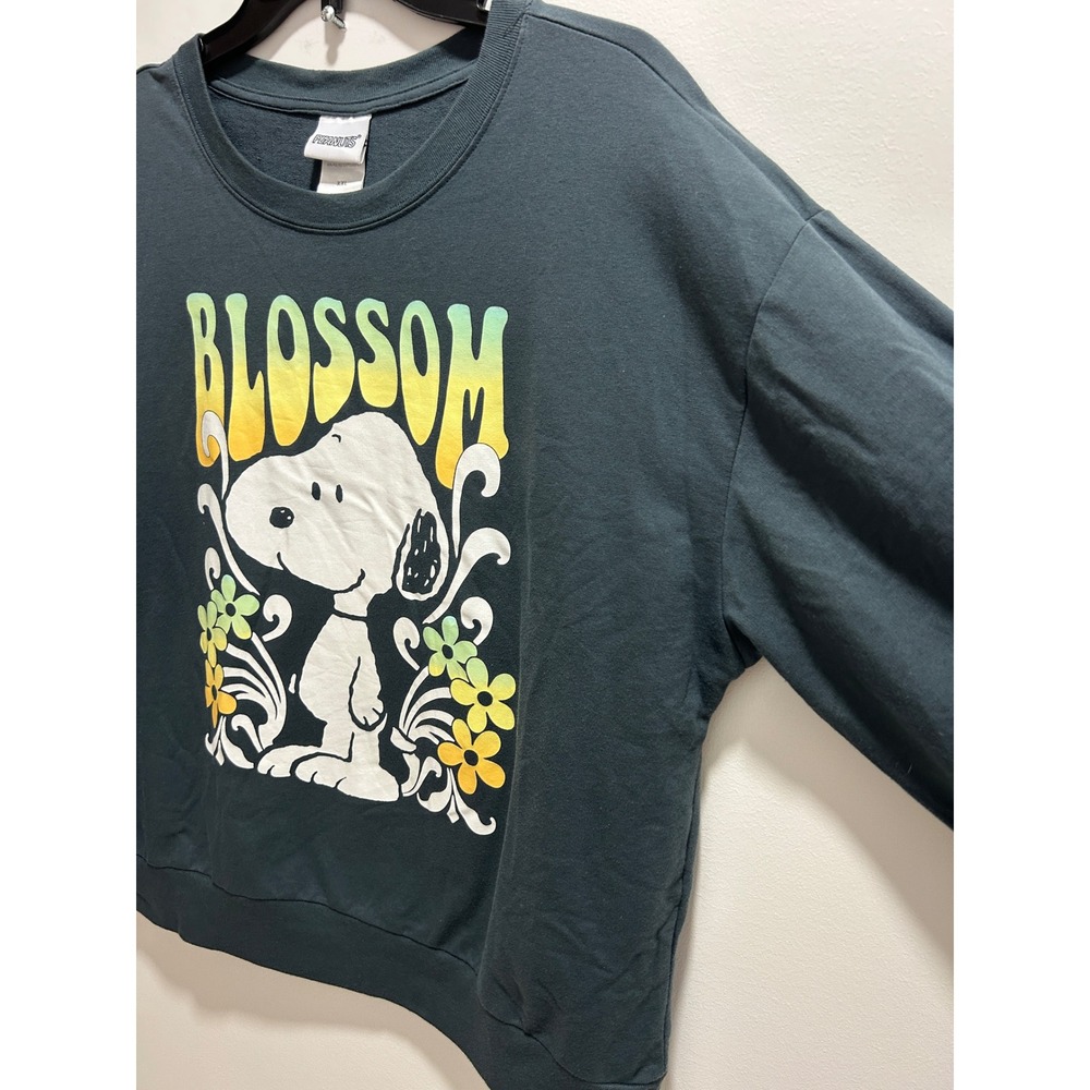 Peanuts Snoopy Blossom Graphic Sweatshirt Teal Green Retro Floral Soft Pullover - Picture 3 of 8